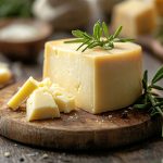 A head of cheese with large holes and cut into cubes on a wooden board.