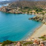 Aerial view  of the Erimoupolis beach  located in the area of ancient Itanos near Vai beach in lasithi prefecture, Crete island, Greece.